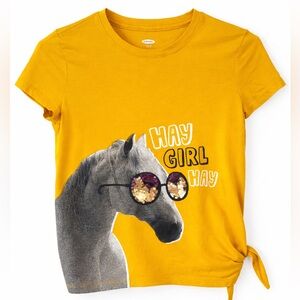 OLD NAVY Girls Yellow Horse Graphic Tee L 10-12 Tie Side Top